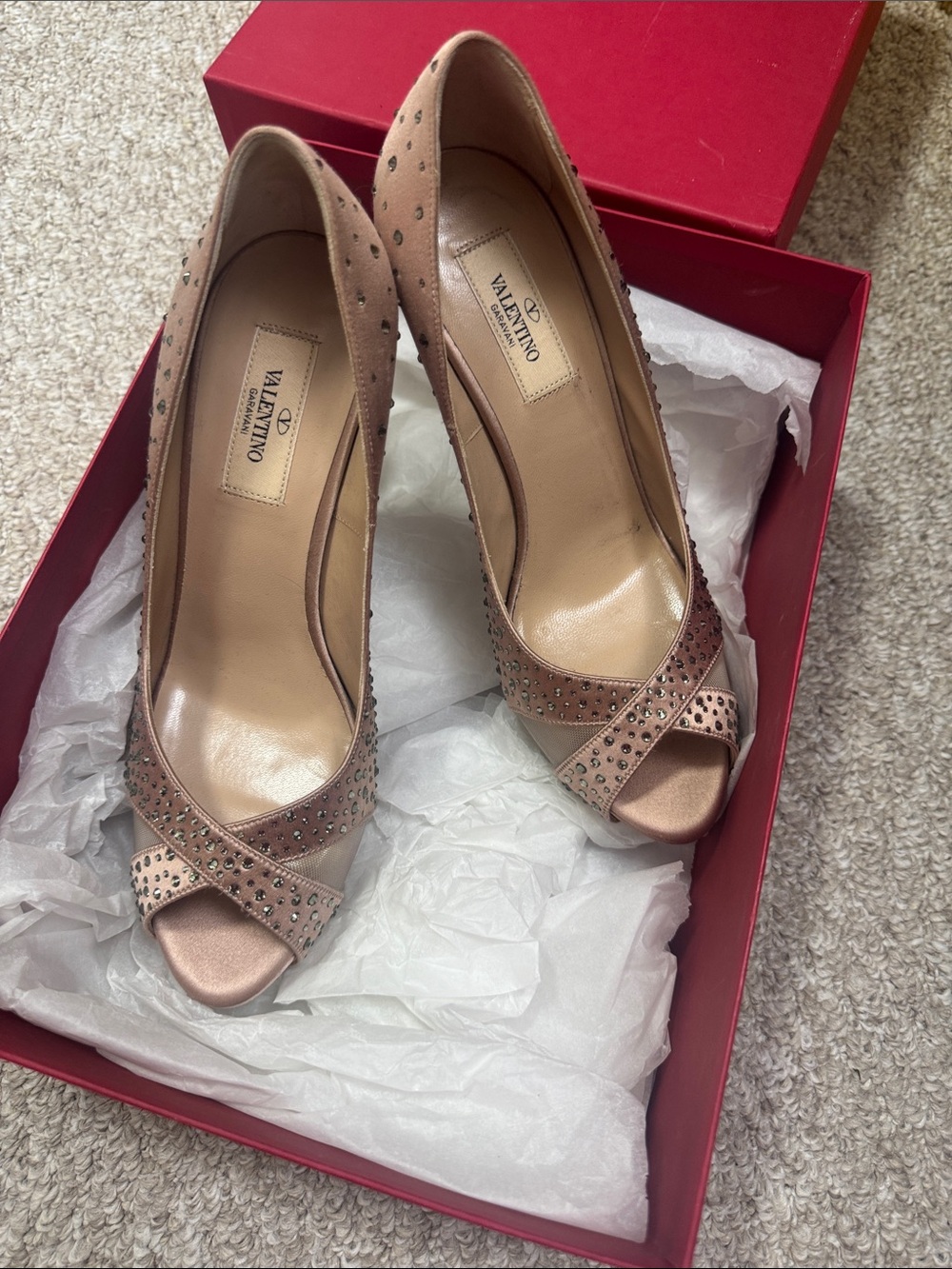 Valentino Blush Pink Crystal Crossover Peep-Toe Heels